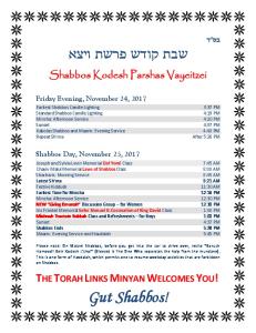 Schedule - Shabbos Kodesh Parshas Vayeitzei, Nov. 24-25, 2017 (1 ...